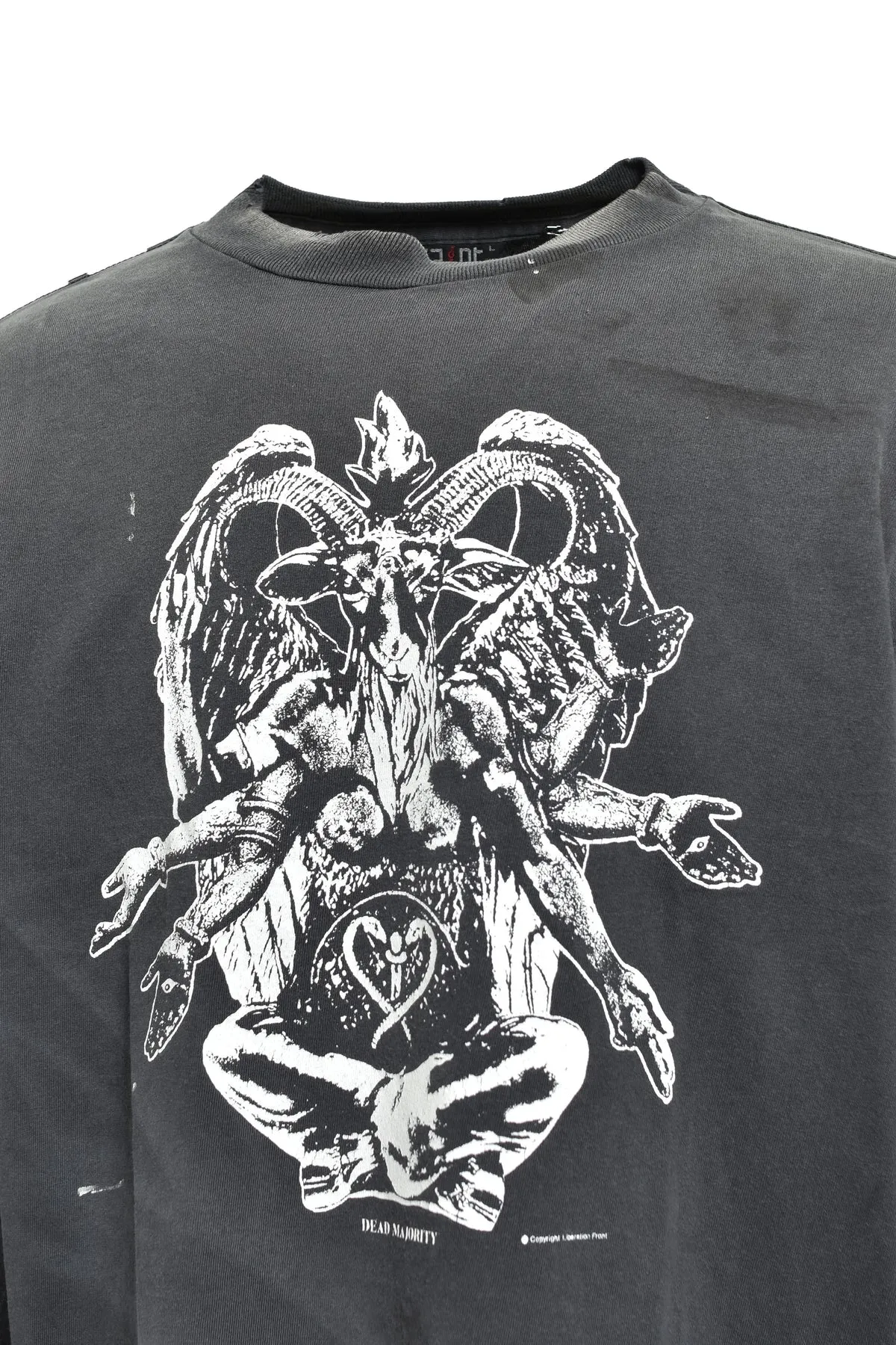 SAINT Mxxxxxx LS TEE/HEAVY WEIGHT/BLK sheep head devil distressed long sleeves, washed black S-XL 25 autumn and winter latest style, cylindrical side seam fabric, heavy wash water, faded and distressed, top printing technology, distressed crack treatment, correct version, original consistent main mark/washed mark/little angel anti-counterfeiting mark, hand-splashed ink graffiti, wormhole wear, top purchasing agent level